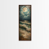 Mystical Moonlit Waves and Reflections Over the Ocean, Skinny and Tall Art, Captivating Landscape Painting, Framed Canvas Print, Wall Decor