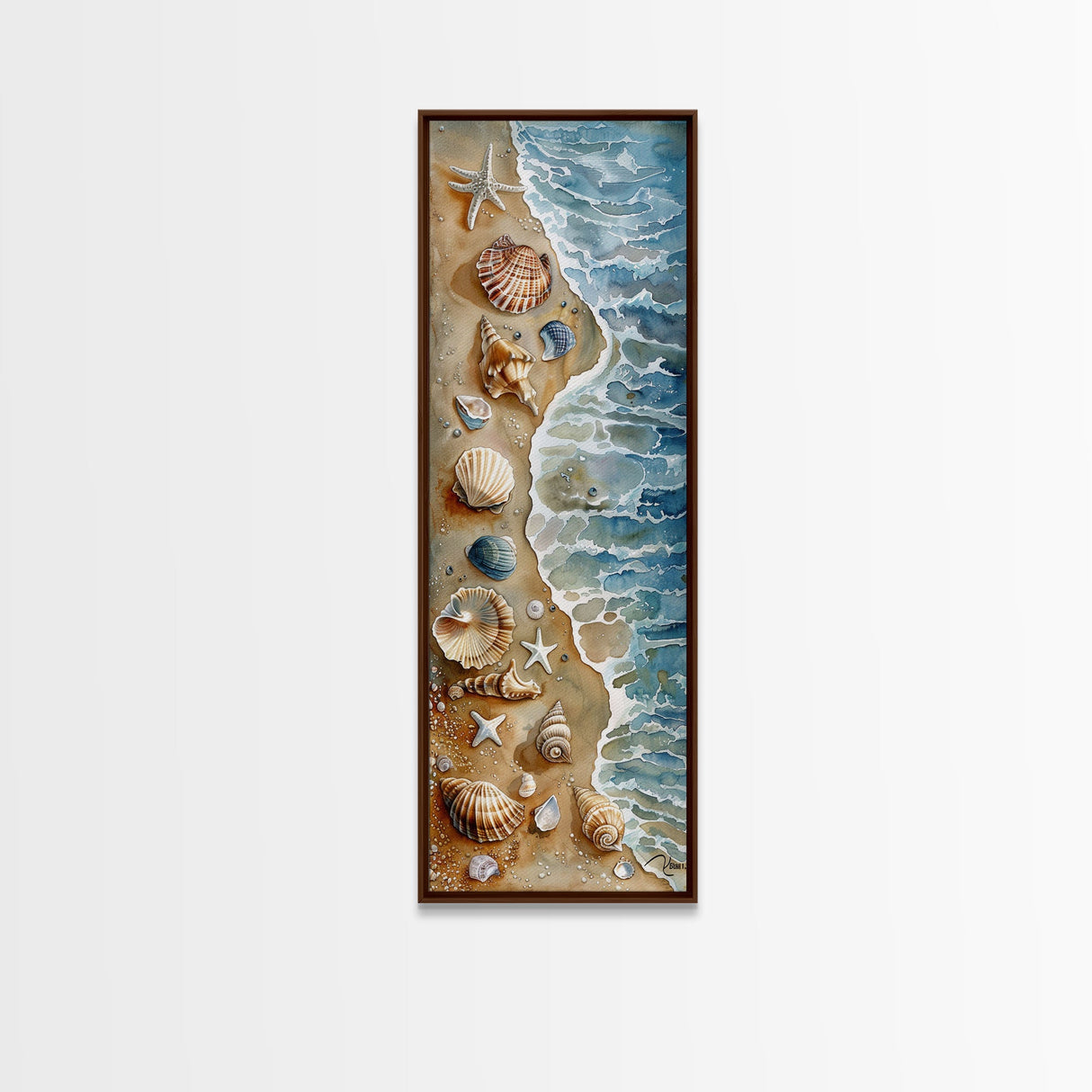 Seashells and Starfish Beach Art - Framed Canvas Print, Skinny Tall Art, Coastal Wall Art, Living Room Decor, Bedroom Art, Seashell Painting