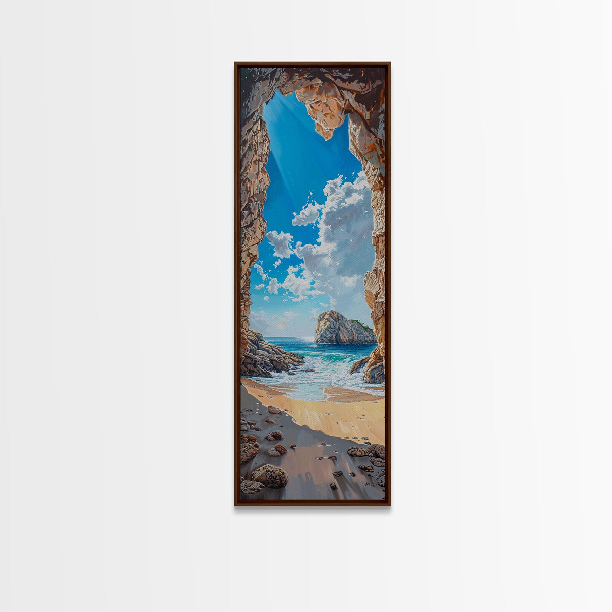 Framed Canvas Print Skinny Art of a Sunlit Beach Scene Framed by Rocky Cliffs, Overlooking a Crystal Blue Sea Under a Clear Sky, Perfect Tall Coastal Art