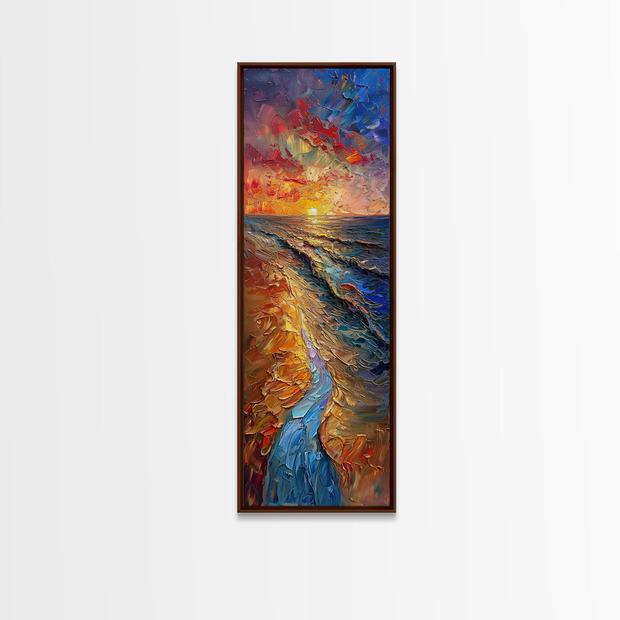 Framed Canvas Print Skinny Art of a Vibrant Sunset Over a Rolling Ocean with Dramatic Colors in the Sky and Water, Ideal Tall Art for Modern Spaces