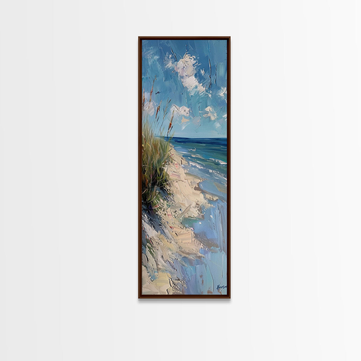 Framed Canvas Print Skinny Art of a Peaceful Beach Scene with Sea Oats Blowing in the Wind and Gentle Waves in the Background, Perfect Tall Art for Homes