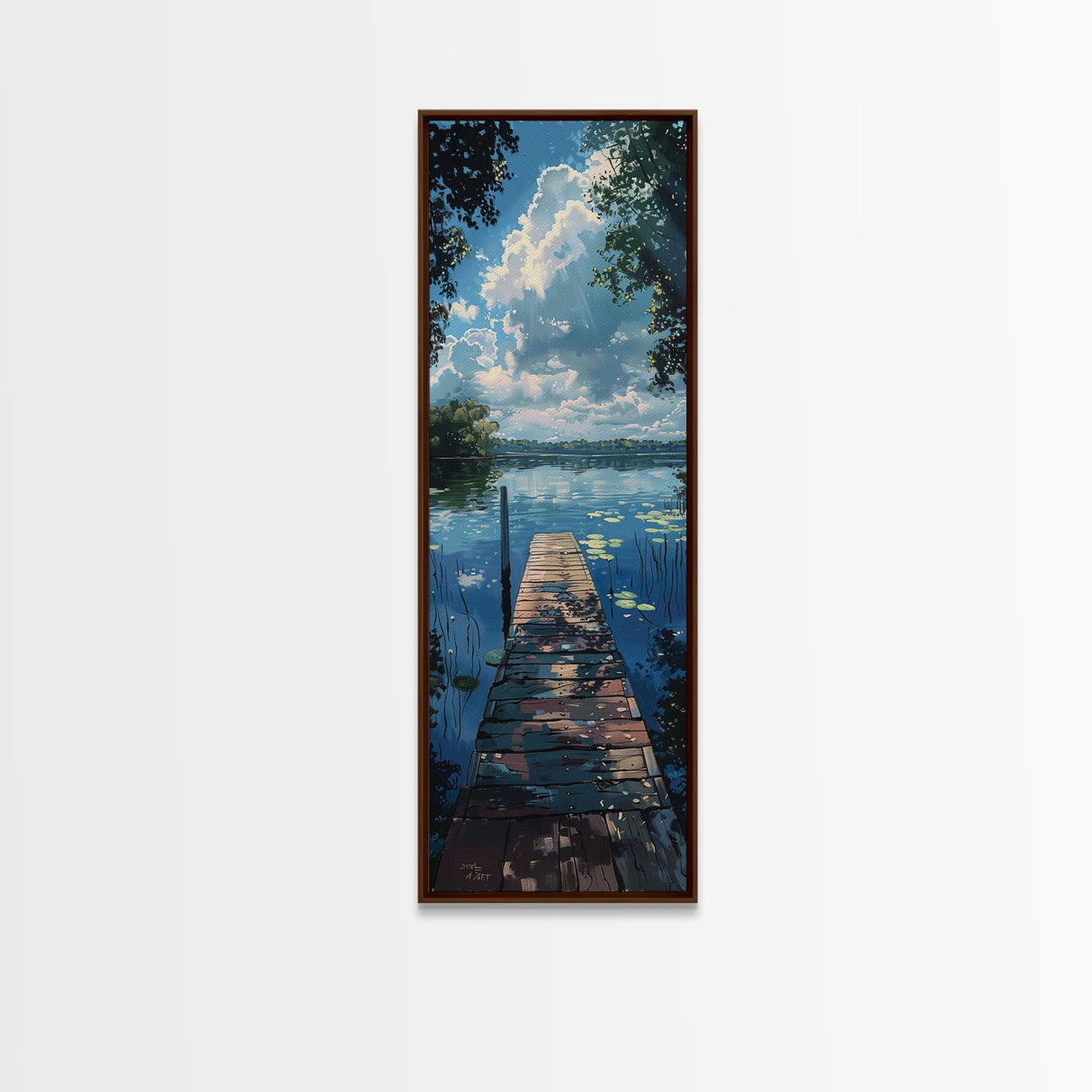 Lake Life, Framed Canvas Print, Summer At The Lake, Dock and Lilly Pads, Skinny Tall Panoramic Landscape Painting, Living Room Art