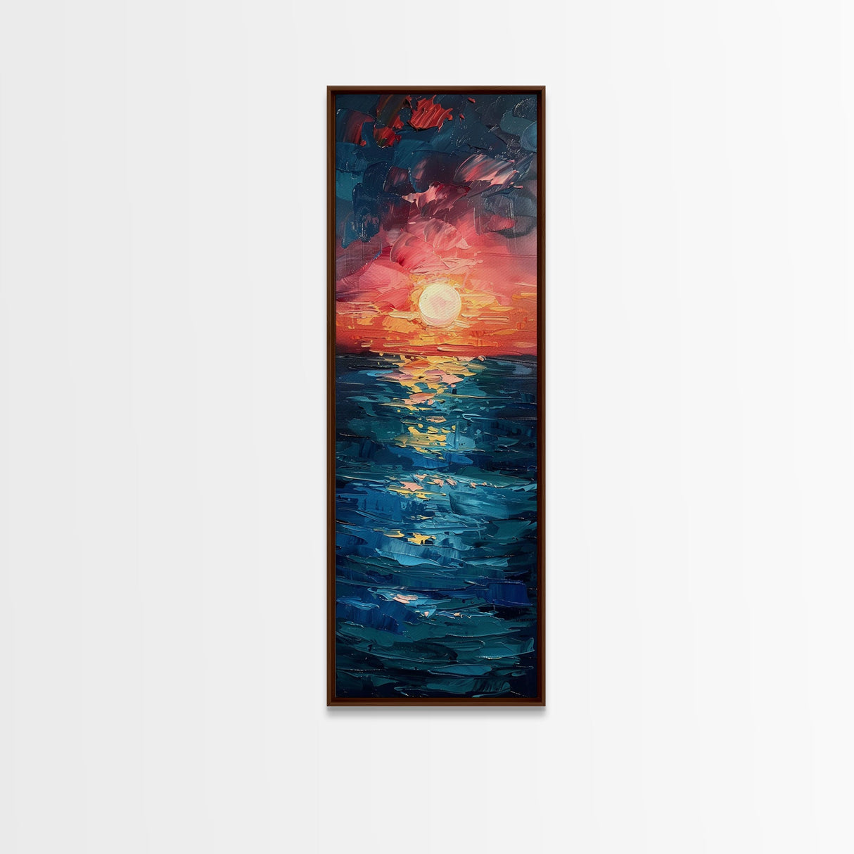 Serene Coastal Sunset Warm Ocean Minimalist Wall Art Framed Canvas Print Tall Art Japanese Style Art