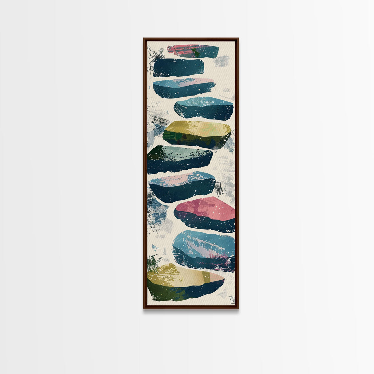 Skinny Art Tall Art Framed Canvas Print Abstract Stepping Stones In Varied Colors Over A Neutral Background Ukiyo-e Japanese Style Art