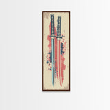 Abstract Samurai Swords Framed Canvas Print Ukiyo-e Art Japanese Style Tall Art Skinny Art Wood Block Print