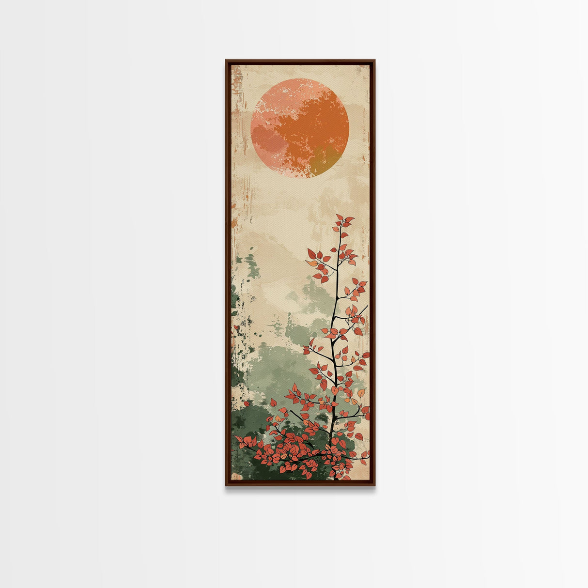 Abstract Sun Over Branch With Red Leaves Framed Canvas Print Ukiyo-e Wall Art Tall Art Wood Block Print Skinny Art Japanese Style