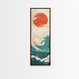 Red Sun and Ocean Waves Skinny Wall Art Framed Canvas Print in Cream and Teal Tones with Red Splashes Japanese Art