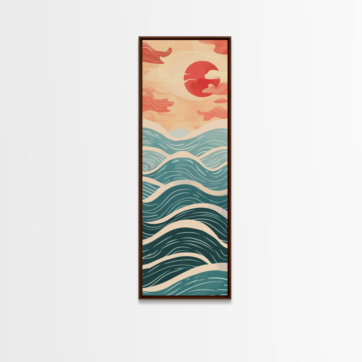 Ocean Waves and Red Sun Japanese Art Skinny Wall Art Framed Canvas Print in Minimalist Style with Dynamic Flowing Waves