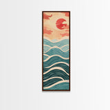 Ocean Waves and Red Sun Japanese Art Skinny Wall Art Framed Canvas Print in Minimalist Style with Dynamic Flowing Waves