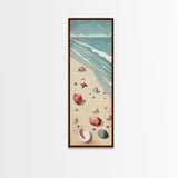 Japanese Style Art Featuring A Serene Beach Scene With Seashells And Gentle Waves, Skinny Art, Tall Art, Ukiyo-e Art, Framed Canvas Print, Wood Block Print