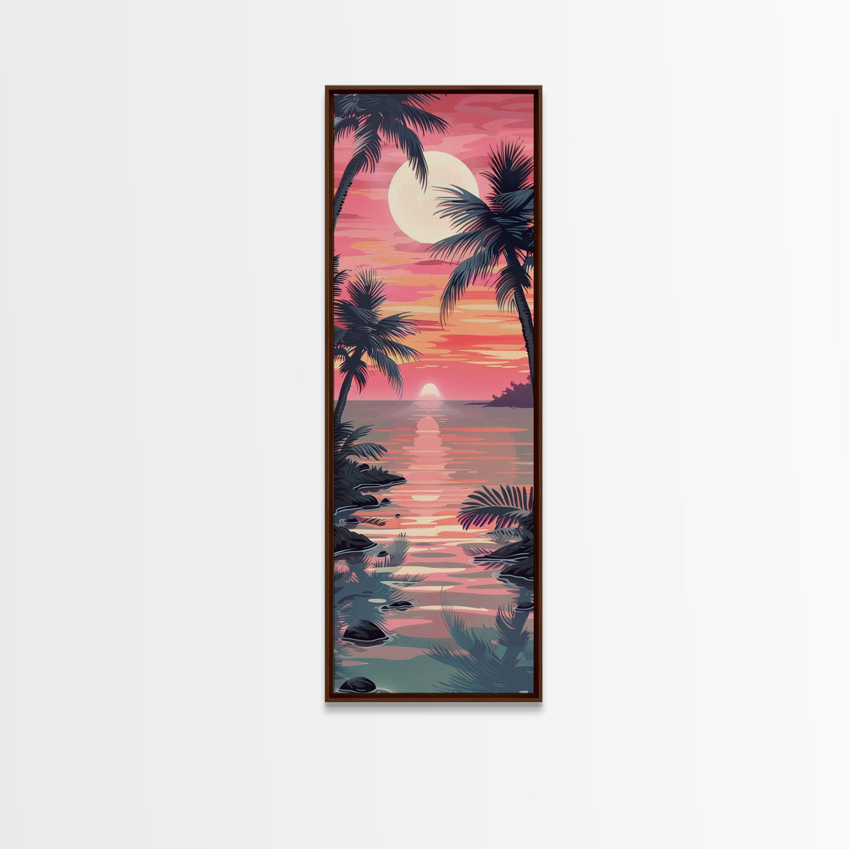 Serene Sunset With Palm Trees And Tranquil Ocean Reflection Ukiyo-e Wood Block Tall Skinny Art Framed Canvas Print