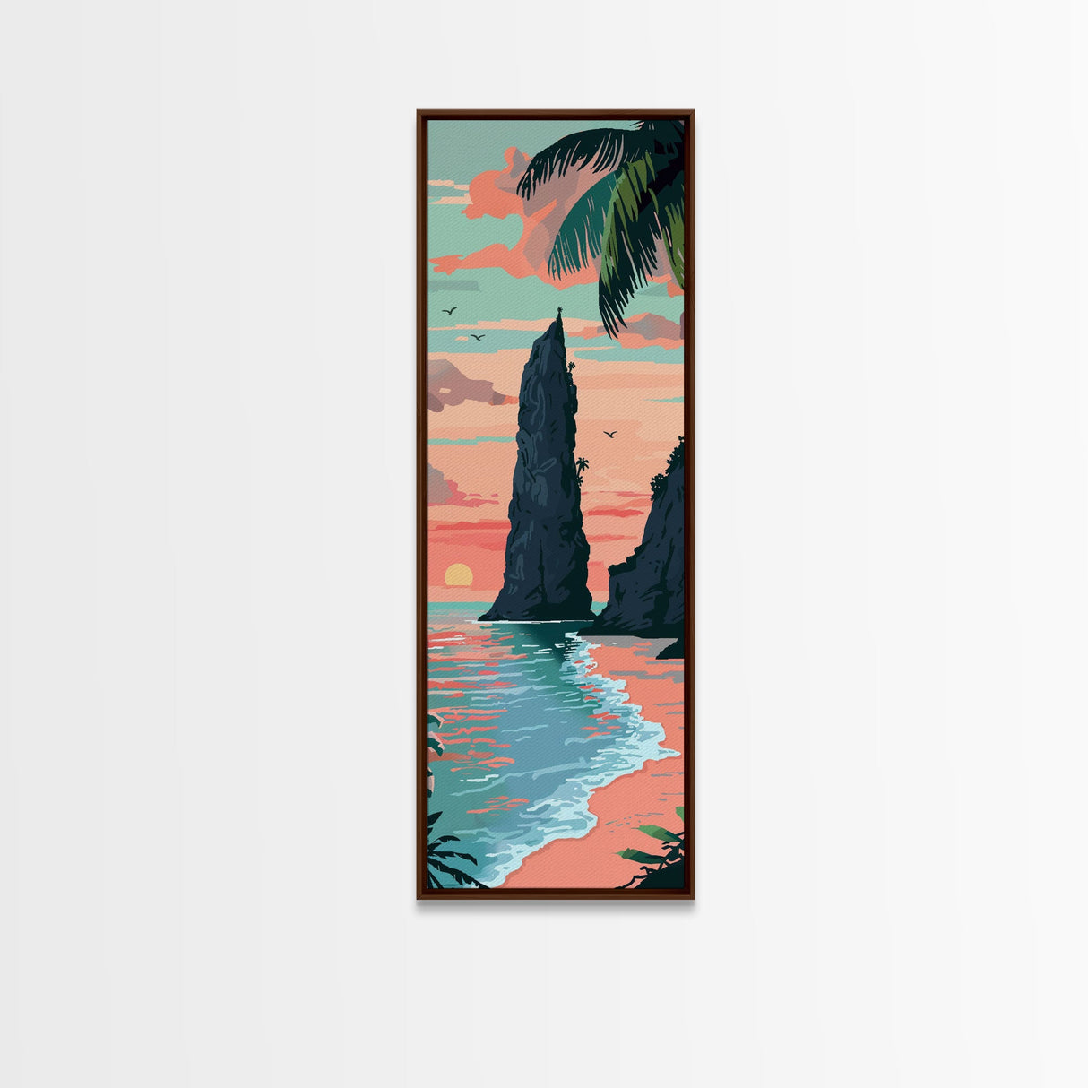 Towering Coastal Rock Formation During Sunset With Palm Trees For Serene Beach Wall Art Japanese Style Framed Canvas Print