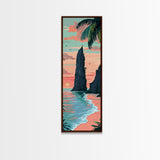 Towering Coastal Rock Formation During Sunset With Palm Trees For Serene Beach Wall Art Japanese Style Framed Canvas Print