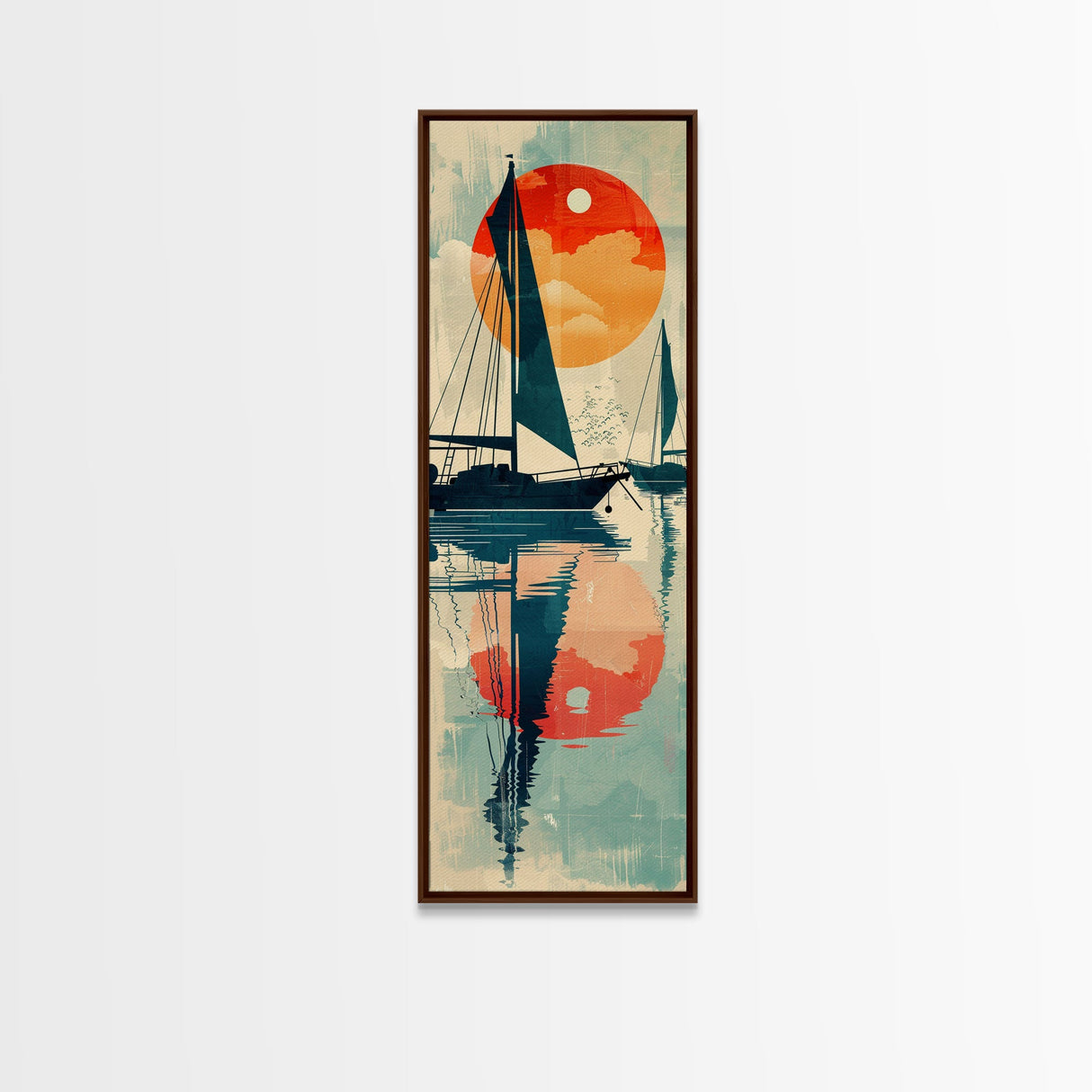 Serene Sunset Sailing Skinny Art Tall Art Japanese Ukiyo-e Inspired Ocean Framed Canvas Print for Home and Office Decor