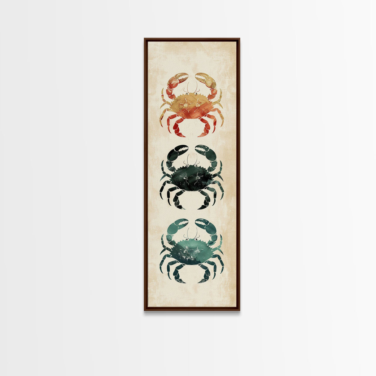 Coastal Crabs Skinny Art Tall Art Japanese Ukiyo-e Inspired Nautical Framed Canvas Print for Beach House or Ocean Lovers