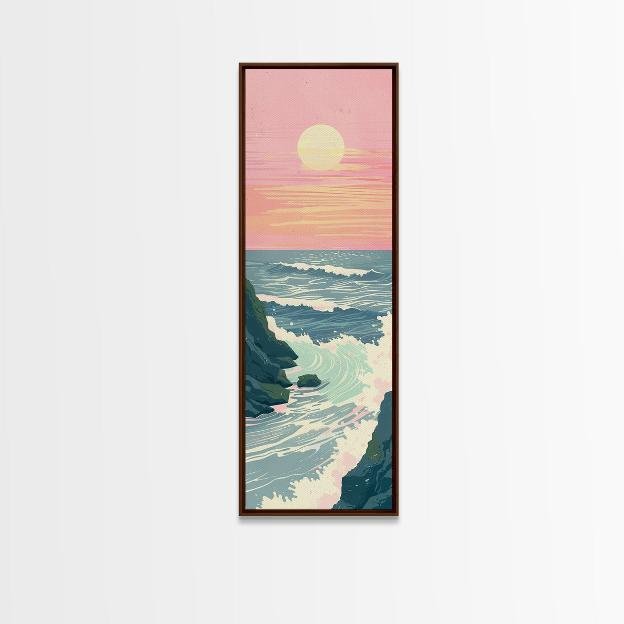 Tranquil Ocean Sunset with Soft Waves Crashing against Rocky Shoreline - Skinny Art, Japanese Wall Decor, Framed Canvas Print, Ukiyo-e Style