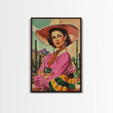 Western Portrait of a Latina Cowgirl with Cactus Background - Framed Canvas Print, Southwest Living Room Art Rustic Bedroom Decor, Retro Art