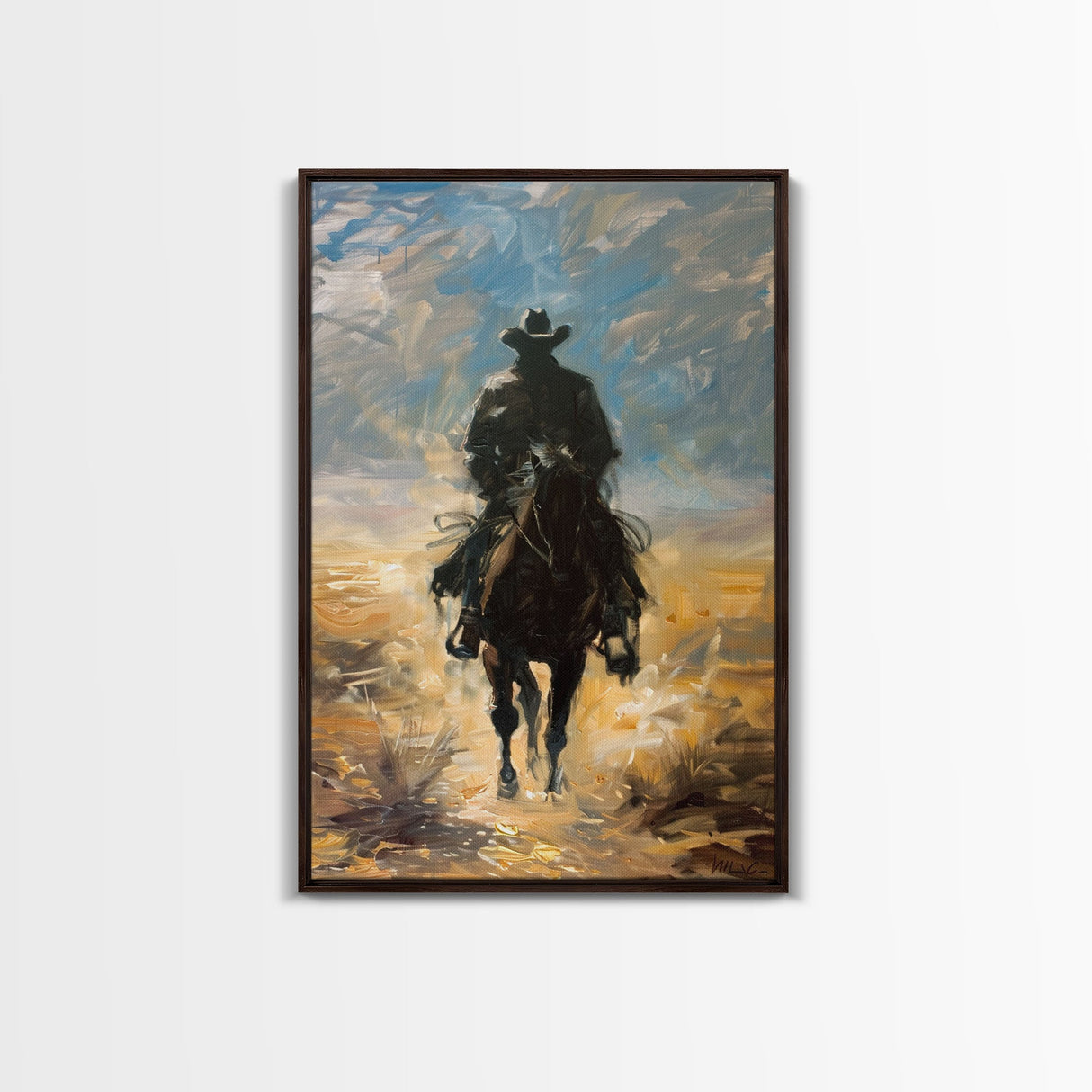 Lone Cowboy Riding into Sunset - Framed Canvas Print, Western Art, Living Room Decor, Cowboy Art for Bedroom, Rustic Wall Art