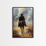 Lone Cowboy on Horse in Wilderness - Framed Canvas Print, Western Art, Rustic Decor, Living Room Wall Art, Cowboy Themed Art