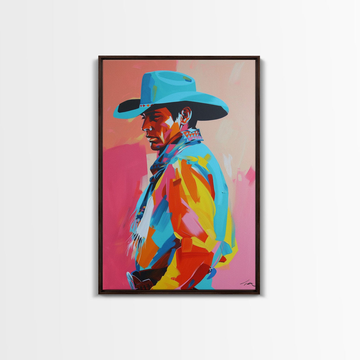 Profile of Stylish Cowboy in Hat - Framed Canvas Print, Colorful Western Art, Bold Cowboy Wall Art for Living Room