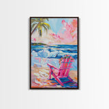 Vibrant Beach Scene with House and Palm Trees - Framed Canvas Print, Colorful Coastal Art, Living Room Decor, Beach House Wall Art