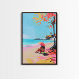 Woman Relaxing on the Beach Under a Parasol - Framed Canvas Print, Summer Vibes Wall Art, Relaxation Decor for Bedroom