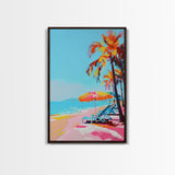 Palm Trees and Sun Loungers on Tropical Beach - Framed Canvas Print, Vacation Paradise Art, Beach Decor for Living Room