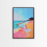 Dynamic Waves Crashing on Vibrant Beach - Framed Canvas Print, Coastal Wall Art, Ocean Vibes Decor for Living Room