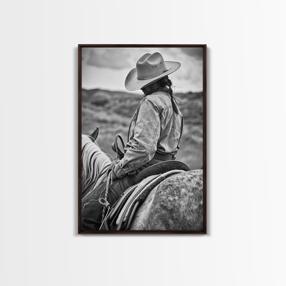 Lone cowboy riding a horse through rugged landscape, classic Western decor black and white photography, Framed Canvas Print, rustic home art