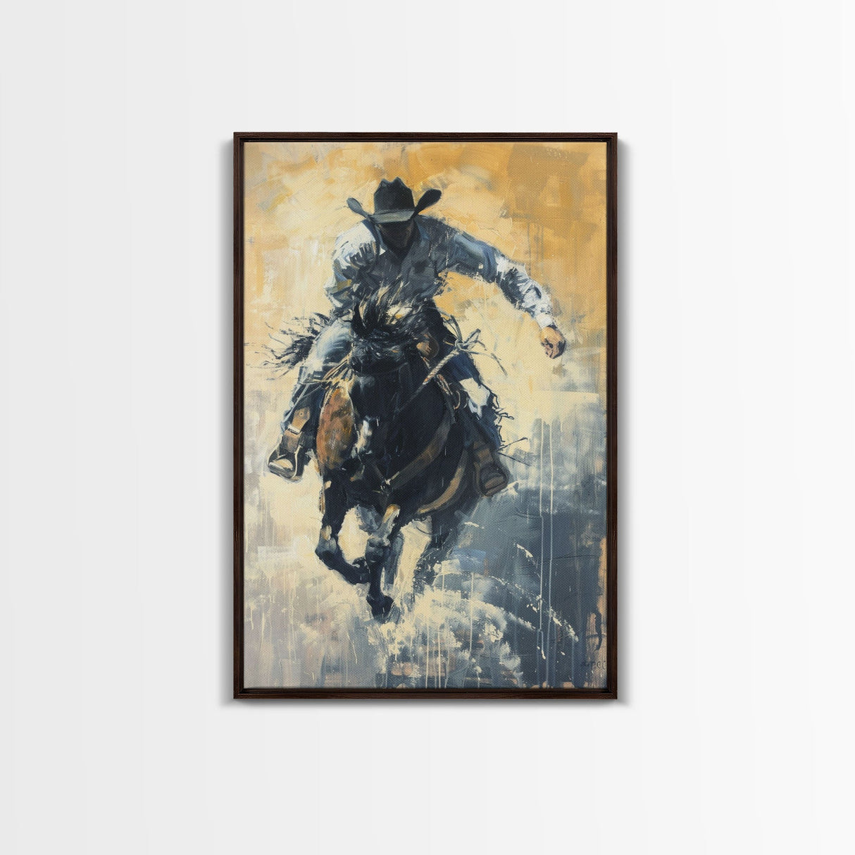 Western Cowboy Riding a Bucking Horse - Framed Canvas Print, Cowboy Wall Art, Rustic Decor, Living Room and Bedroom Art Print