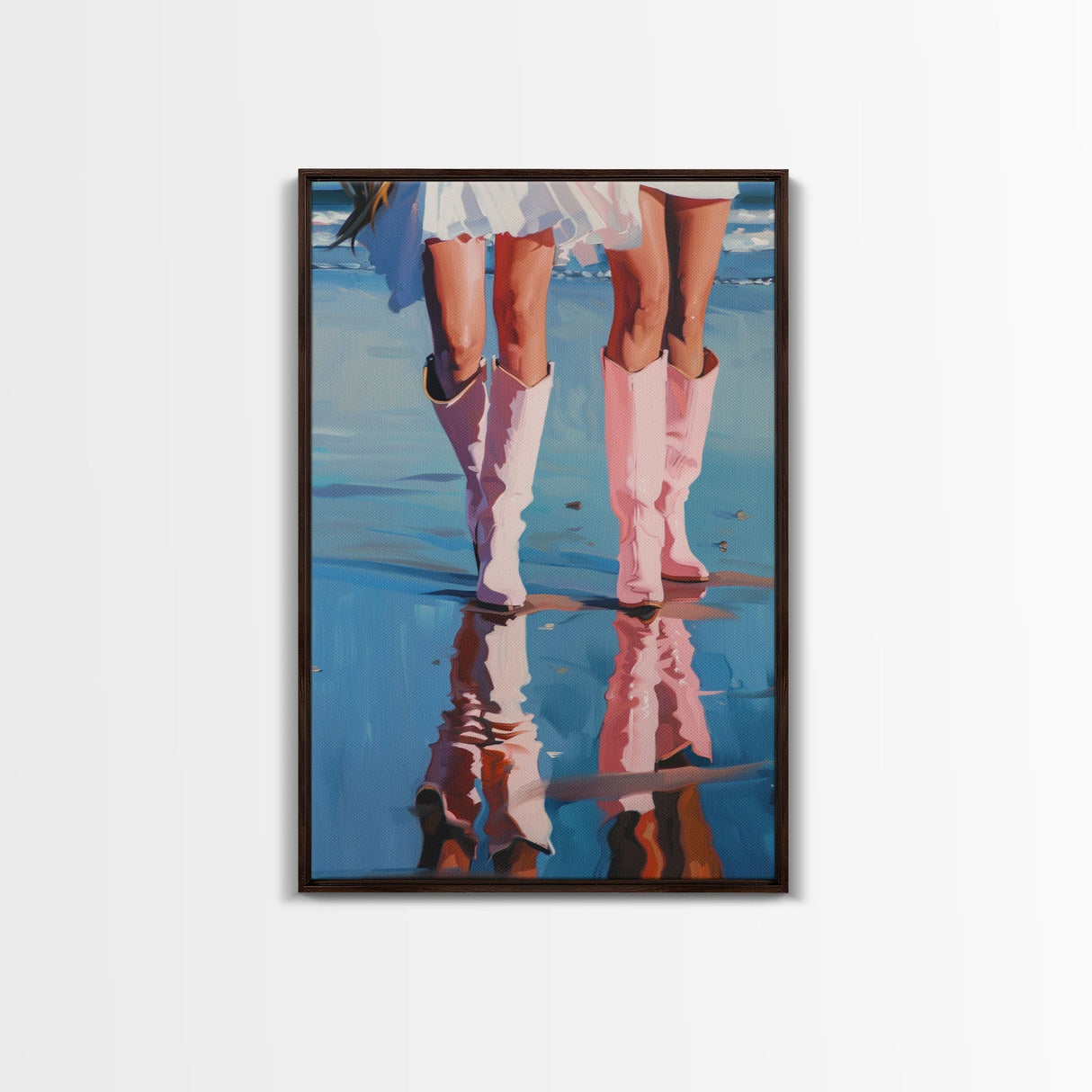 The Beach Cowgirls pink cowboy boots on a beach, artistic reflection Framed Canvas Print - beach decor, fashion art, summer vibes