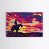 Pop Art Sunset Cowboy Painting Framed Canvas Print, Wild West Wall Art, Cowboy Print, Western Decor, Kitsch Whimsical Art