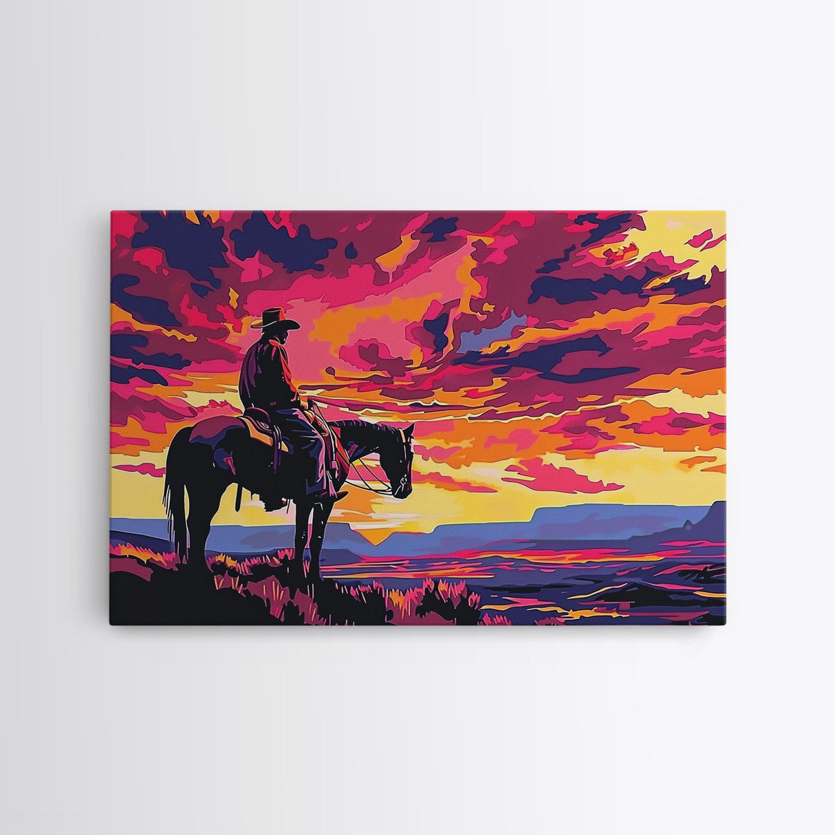 Wild West Cowboy At Sunset Framed Canvas Print, Pop Art, Watercolor Painting, Room Decor Western Aesthetic