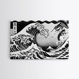 Beautiful Black and White Ocean Wave Wall art, Framed Canvas Print, Retro Japanese Inspired Hokusai Style Wave Art