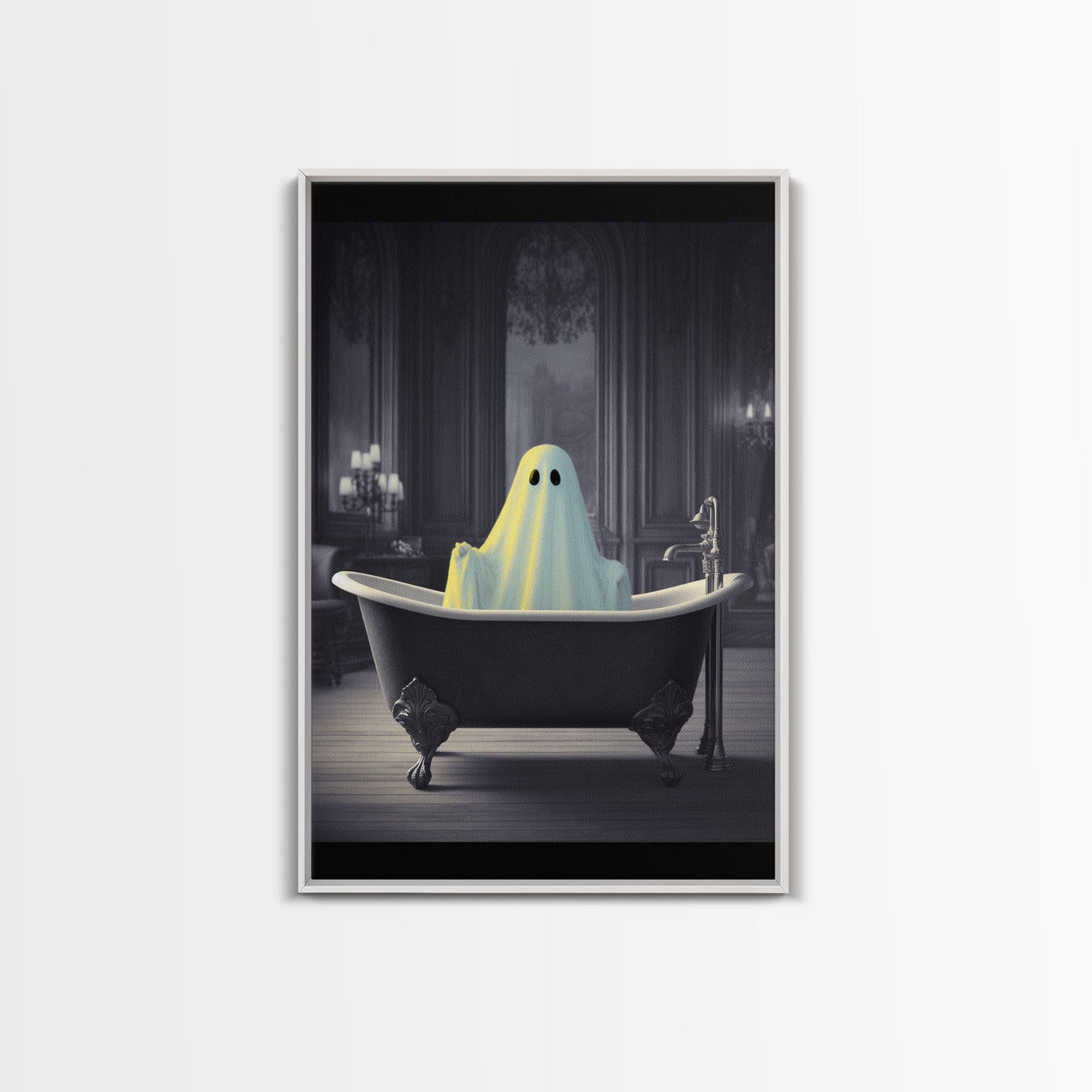 Funny Halloween Art, Ghost Takin' A Bath, Framed Canvas Print, Halloween Canvas, Ghost In The Tub, Goofy Gothic Victorian Art