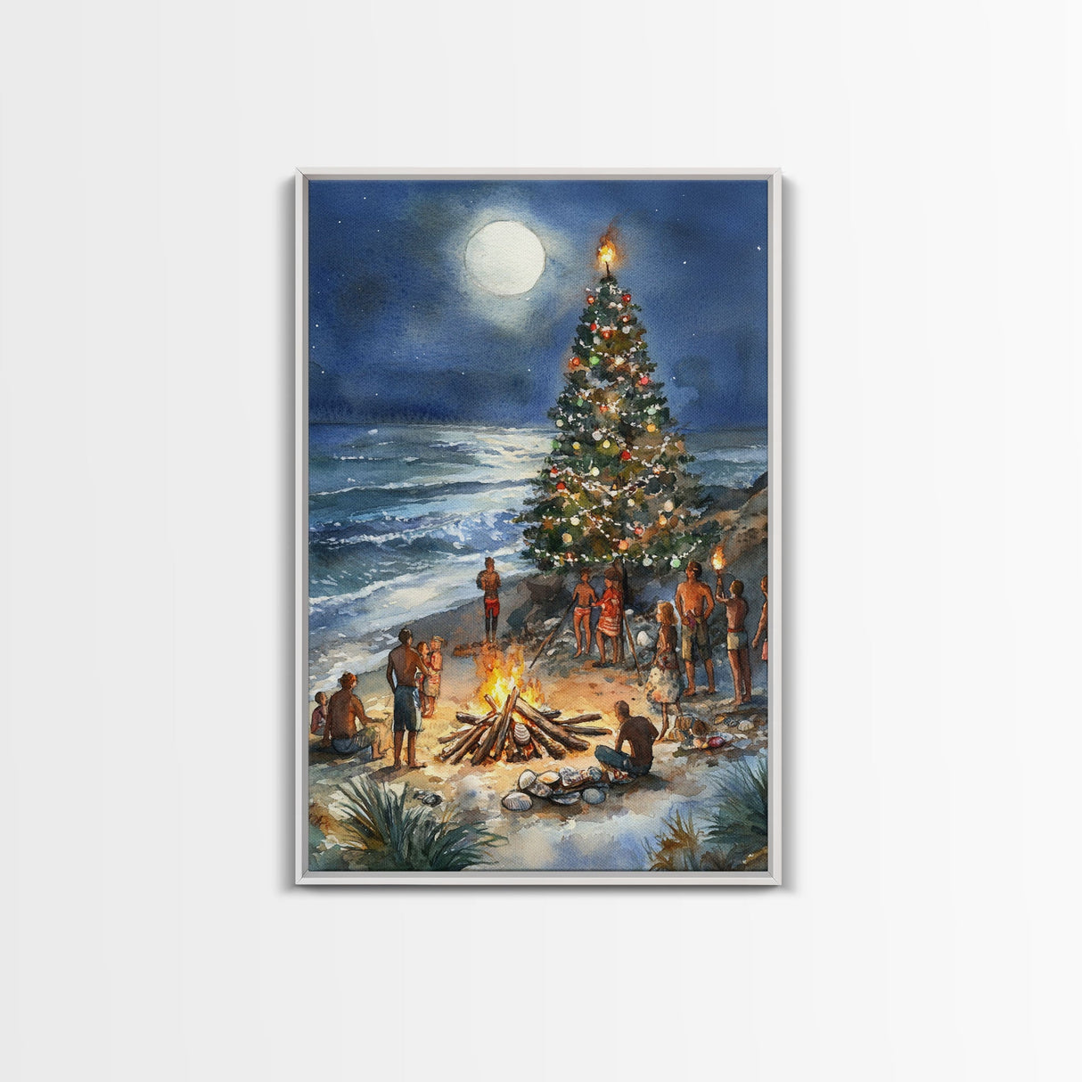 Christmas At The Beach, Framed Canvas Print, Christmas Decor, Christmas Art, Christmas Art Prints, Tropical Christmas, Beach House Art