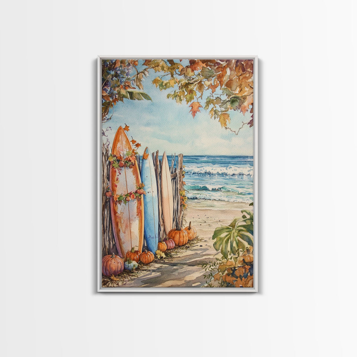 Surfboards In The Fall, Surfer Thanksgiving Wall Art Framed Canvas Print, Tropical Decor, Beach Art