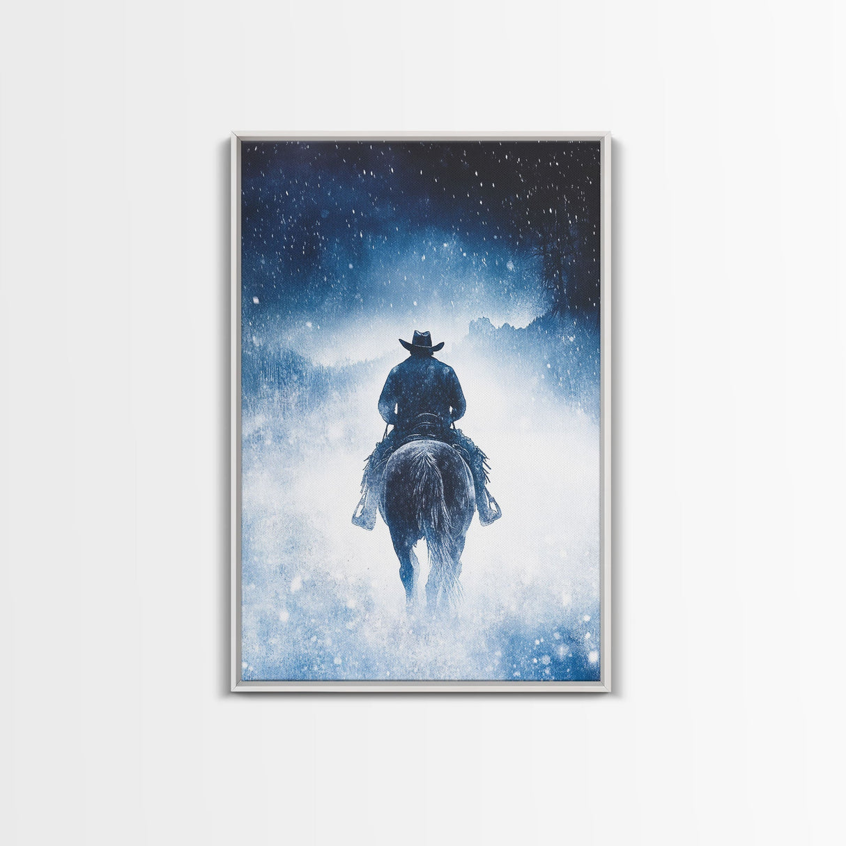 Rider In The Snow Storm, Framed Canvas Print, Western Winter Landscape Painting, Winter Wonderland Art