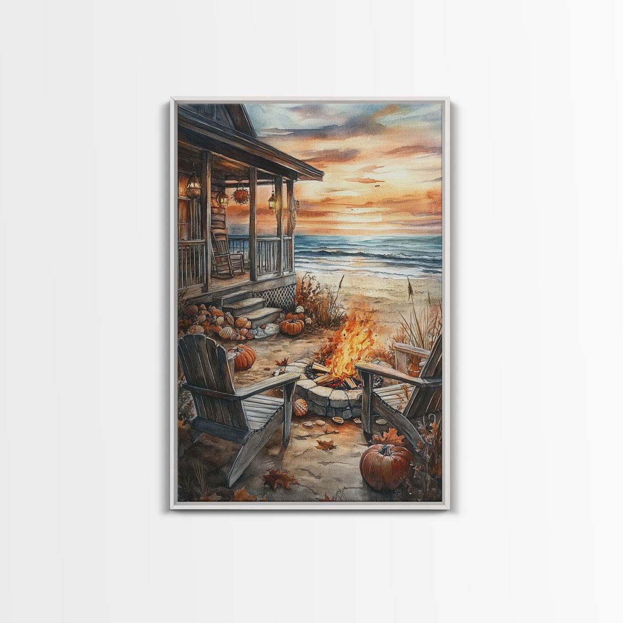 Beach Campfire On The Fall, Framed Canvas Print, Boho Beach Art Nautical Decor, Modern Christmas / Thanksgiving Gift Wall Art