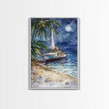 Sailboat On The Beach At Christmas, Framed Canvas Print, Christmas Home Decor / Gift, Christmas Wall Print