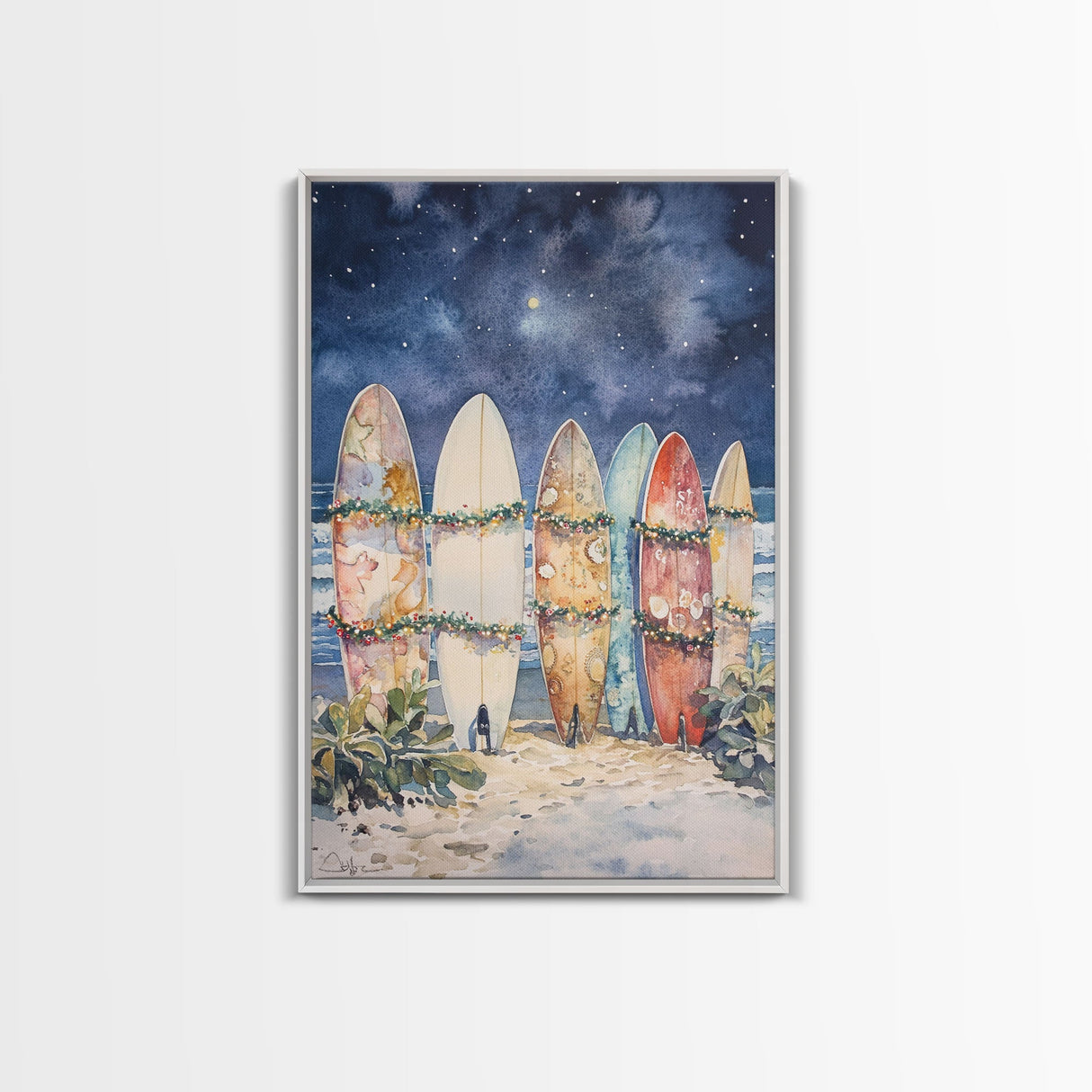 Christmas Surfboards On A Snowy Beach, Framed Canvas Print, Tropical / Nautical Christmas Art or Gift Idea, Christmas Poster