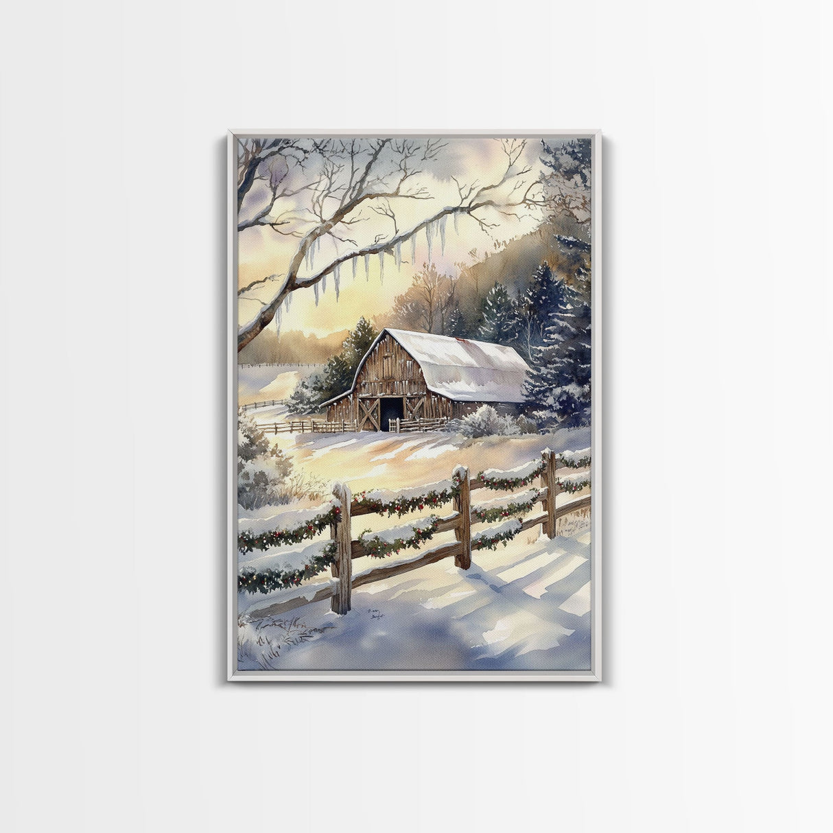 Winter Barn Painting Framed Canvas Print, Xmas Wall Art, Xmas Gift, Winter Wonderland Gift Idea, Western Decor