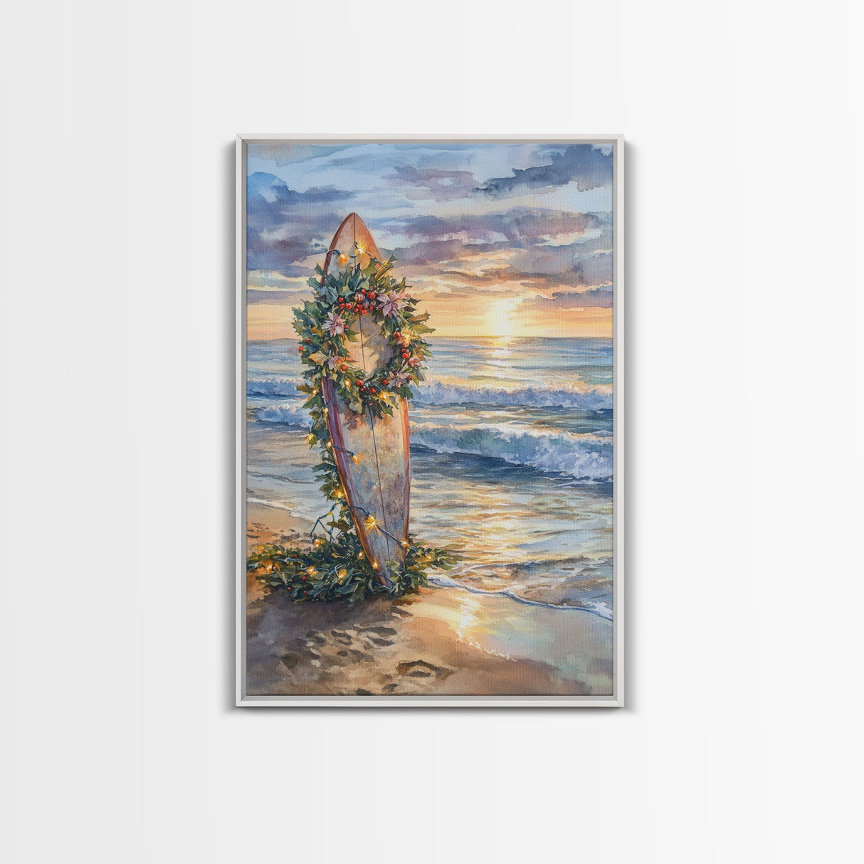 Beach Christmas Decor, Framed Canvas Print, Christmas At The Beach, Nautical / Tropical Holiday Wall Art