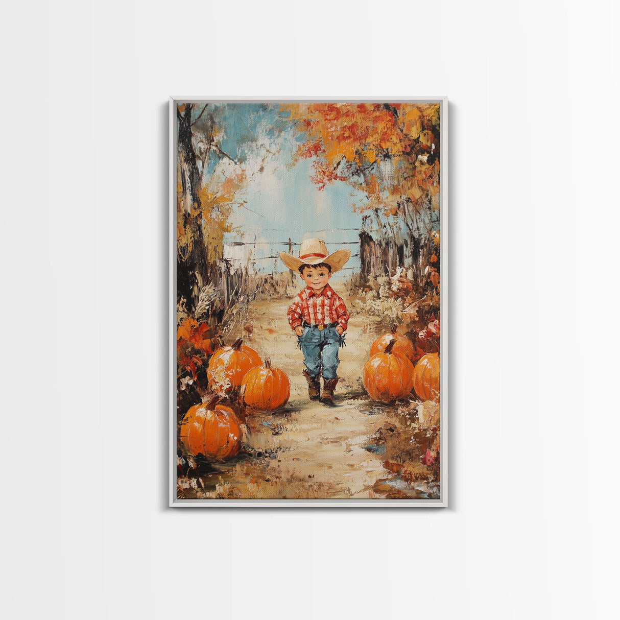 Autumn Cowboy Decor Canvas Print with Pumpkins, Fall Holiday Wall Art and Seasonal Gift Idea 2024