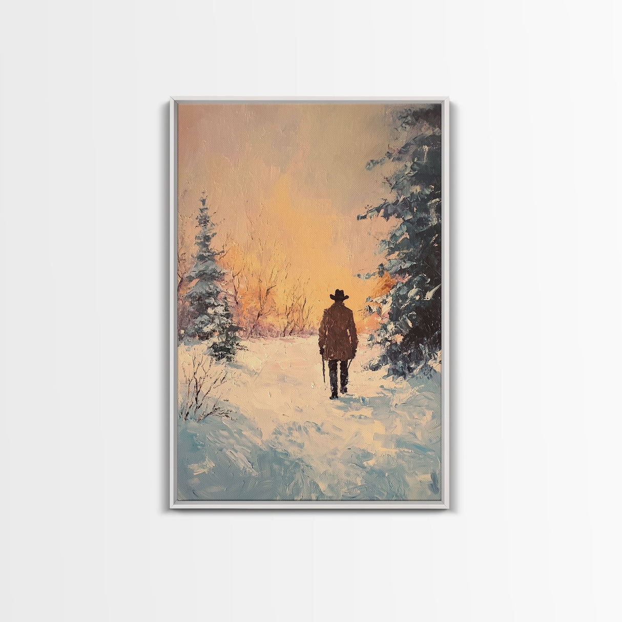 Lone Cowboy in Snowy Forest Canvas Print, Winter Wonderland Western Art, Christmas Wall Art Gift, Seasonal Holiday Decor, Tall Canvas Print