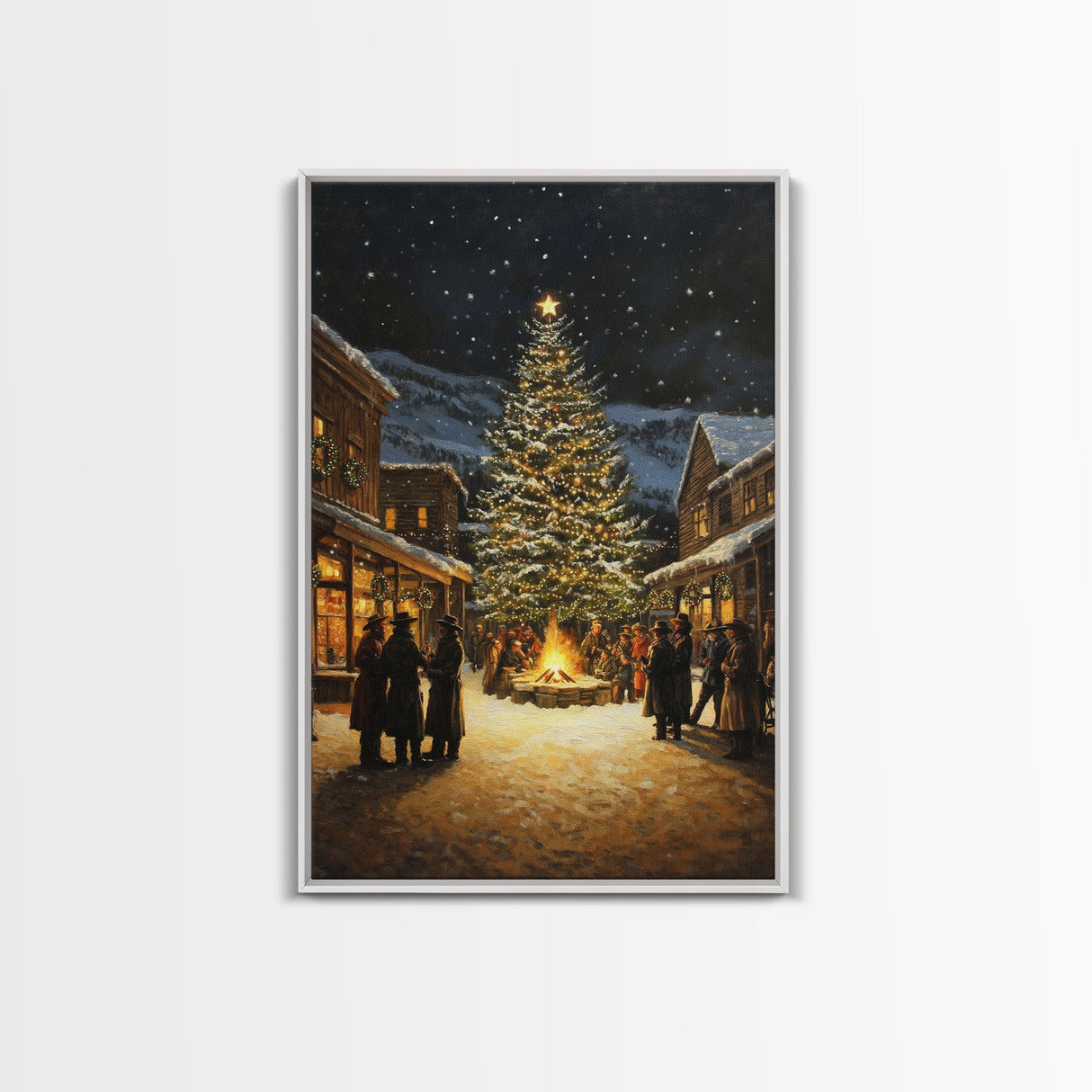 Western Christmas Town Gathering Framed Canvas Print, Cowboy Christmas Eve by the Bonfire Tree, Festive Winter Wall Art Rustic Holiday Decor