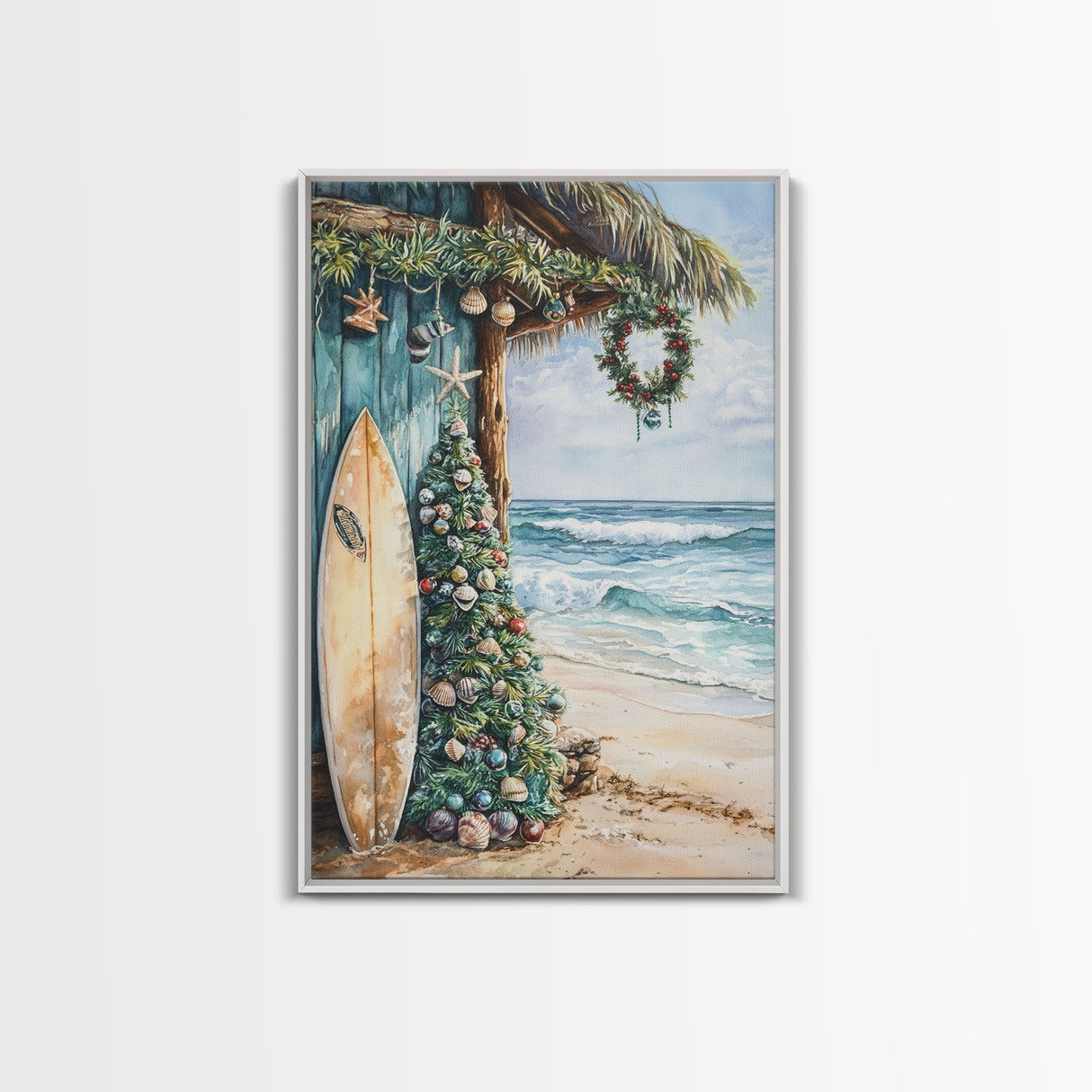 Surf Shack Christmas Framed Canvas Print, Beachfront Holiday Scene with Decorated Tree Surfboard, Coastal Wall Art Tropical Christmas Decor