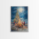 Christmas by the Bonfire Framed Canvas Print Family Gathering Around Christmas Tree Beach, Coastal Holiday Wall Art Nautical Christmas Decor