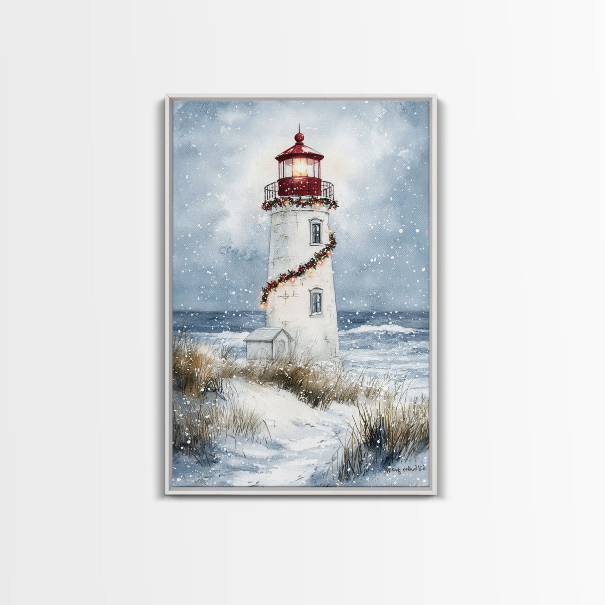 Snowy lighthouse wrapped with festive garland, Framed Canvas Print, beach Christmas decor, holiday wall art perfect for coastal homes