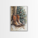 Rustic cowboy boots by Christmas tree, Framed Canvas Print, farmhouse Christmas decor, cozy holiday wall art, western style home decor